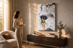 Maľovaný obraz na stenu ABSTRAKT 80x120 cm – ručne maľovaný obraz v elegantnom interiéri (Golden hour luxe) | wall mockup | premium canvas | Papilora.sk