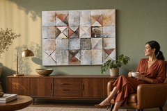 Maľovaný obraz na stenu ABSTRAKT 80x60 cm – ručne maľovaný obraz v elegantnom interiéri (Mid-century warm) | wall mockup | premium canvas | Papilora.sk