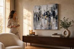 Maľovaný obraz na stenu ABSTRAKT 80x80 cm – ručne maľovaný obraz v elegantnom interiéri (Golden hour luxe) | wall mockup | premium canvas | Papilora.sk