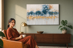 Maľovaný obraz na stenu ABSTRAKT 90x60 cm – ručne maľovaný obraz v elegantnom interiéri (Mid-century warm) | wall mockup | premium canvas | Papilora.sk