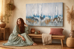 Maľovaný obraz na stenu ABSTRAKT 90x60 cm – ručne maľovaný obraz v elegantnom interiéri (Bohemian warm) | wall mockup | premium canvas | Papilora.sk