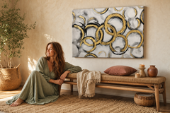 Maľovaný obraz na stenu ABSTRAKT 90x60 cm – ručne maľovaný obraz v elegantnom interiéri (Bohemian warm) | wall mockup | premium canvas | Papilora.sk