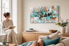 Maľovaný obraz na stenu ABSTRAKT – ručne maľovaný obraz v elegantnom interiéri (Window reading) | wall mockup | premium canvas | Papilora.sk