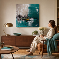 Maľovaný obraz na stenu ABSTRAKT – ručne maľovaný obraz v elegantnom interiéri (Mid-century warm) | wall mockup | premium canvas | Papilora.sk