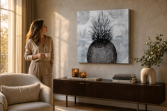 Maľovaný obraz na stenu ANANÁS 60x60 cm – ručne maľovaný obraz v elegantnom interiéri (Golden hour luxe) | wall mockup | premium canvas | Papilora.sk