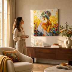 Maľovaný obraz na stenu DeLUXE - ŽENA – ručne maľovaný obraz v elegantnom interiéri (Golden hour luxe) | wall mockup | premium canvas | Papilora.sk