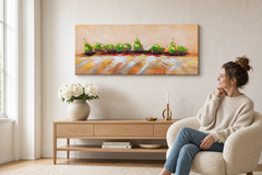 Maľovaný obraz na stenu HRUŠKY  120x50 cm – ručne maľovaný obraz v elegantnom interiéri (Scandi cream) | wall mockup | premium canvas | Papilora.sk