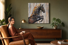 Maľovaný obraz na stenu KÔŇ 80x80 cm – ručne maľovaný obraz v elegantnom interiéri (Mid-century warm) | wall mockup | premium canvas | Papilora.sk