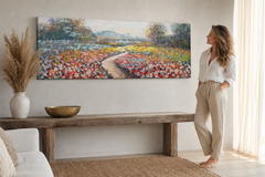 Maľovaný obraz na stenu KRAJINA 100x40 cm – ručne maľovaný obraz v elegantnom interiéri (Modern coastal) | wall mockup | premium canvas | Papilora.sk