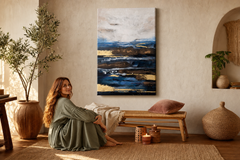Maľovaný obraz na stenu KRAJINA 60x90 cm – ručne maľovaný obraz v elegantnom interiéri (Bohemian warm) | wall mockup | premium canvas | Papilora.sk