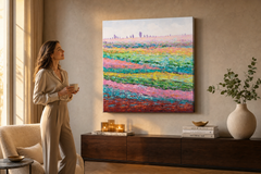 Maľovaný obraz na stenu KRAJINA 70x70 cm – ručne maľovaný obraz v elegantnom interiéri (Golden hour luxe) | wall mockup | premium canvas | Papilora.sk