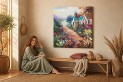 Maľovaný obraz na stenu KRAJINA 70x70 cm – ručne maľovaný obraz v elegantnom interiéri (Bohemian warm) | wall mockup | premium canvas | Papilora.sk