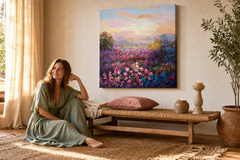 Maľovaný obraz na stenu KRAJINA 70x70 cm – ručne maľovaný obraz v elegantnom interiéri (Bohemian warm) | wall mockup | premium canvas | Papilora.sk