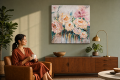 Maľovaný obraz na stenu KVETY 100x100 cm – ručne maľovaný obraz v elegantnom interiéri (Mid-century warm) | wall mockup | premium canvas | Papilora.sk