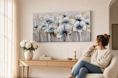 Maľovaný obraz na stenu KVETY 100x50 cm – ručne maľovaný obraz v elegantnom interiéri (Scandi cream) | wall mockup | premium canvas | Papilora.sk