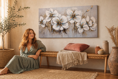 Maľovaný obraz na stenu KVETY 100x50 cm – ručne maľovaný obraz v elegantnom interiéri (Bohemian warm) | wall mockup | premium canvas | Papilora.sk