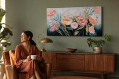Maľovaný obraz na stenu KVETY 100x50 cm – ručne maľovaný obraz v elegantnom interiéri (Mid-century warm) | wall mockup | premium canvas | Papilora.sk