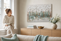 Maľovaný obraz na stenu KVETY 120x80 cm – ručne maľovaný obraz v elegantnom interiéri (Window reading) | wall mockup | premium canvas | Papilora.sk