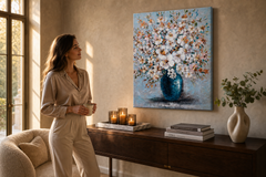 Maľovaný obraz na stenu KVETY 60x70 cm – ručne maľovaný obraz v elegantnom interiéri (Golden hour luxe) | wall mockup | premium canvas | Papilora.sk