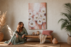 Maľovaný obraz na stenu KVETY 60x90 cm – ručne maľovaný obraz v elegantnom interiéri (Bohemian warm) | wall mockup | premium canvas | Papilora.sk