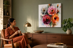 Maľovaný obraz na stenu KVETY 70x70 cm – ručne maľovaný obraz v elegantnom interiéri (Mid-century warm) | wall mockup | premium canvas | Papilora.sk