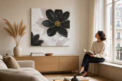 Maľovaný obraz na stenu KVETY 70x70 cm – ručne maľovaný obraz v elegantnom interiéri (Window reading) | wall mockup | premium canvas | Papilora.sk