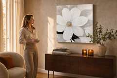 Maľovaný obraz na stenu KVETY 70x70 cm – ručne maľovaný obraz v elegantnom interiéri (Golden hour luxe) | wall mockup | premium canvas | Papilora.sk