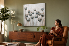 Maľovaný obraz na stenu KVETY 70x70 cm – ručne maľovaný obraz v elegantnom interiéri (Mid-century warm) | wall mockup | premium canvas | Papilora.sk