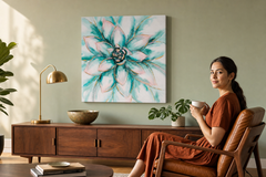 Maľovaný obraz na stenu KVETY 70x70 cm – ručne maľovaný obraz v elegantnom interiéri (Mid-century warm) | wall mockup | premium canvas | Papilora.sk