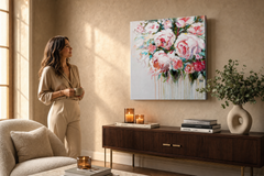 Maľovaný obraz na stenu KVETY 70x70 cm – ručne maľovaný obraz v elegantnom interiéri (Golden hour luxe) | wall mockup | premium canvas | Papilora.sk