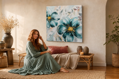 Maľovaný obraz na stenu KVETY 70x70 cm – ručne maľovaný obraz v elegantnom interiéri (Bohemian warm) | wall mockup | premium canvas | Papilora.sk
