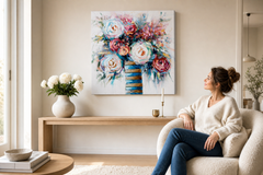 Maľovaný obraz na stenu KVETY 70x70 cm – ručne maľovaný obraz v elegantnom interiéri (Scandi cream) | wall mockup | premium canvas | Papilora.sk