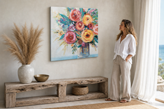 Maľovaný obraz na stenu KVETY 80x80 cm – ručne maľovaný obraz v elegantnom interiéri (Modern coastal) | wall mockup | premium canvas | Papilora.sk