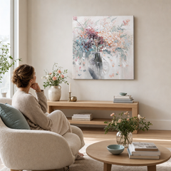 Maľovaný obraz na stenu KVETY 1 dielny YOBCWFFL040 - 80x80 cm – ručne maľovaný obraz v elegantnom interiéri (Scandi neutral) | wall mockup | premium canvas | Papilora.sk