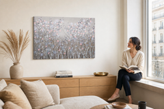 Maľovaný obraz na stenu KVETY 90x60 cm – ručne maľovaný obraz v elegantnom interiéri (Window reading) | wall mockup | premium canvas | Papilora.sk