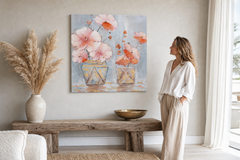 Maľovaný obraz na stenu KVETY VO VÁZE 60x60 cm – ručne maľovaný obraz v elegantnom interiéri (Modern coastal) | wall mockup | premium canvas | Papilora.sk