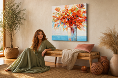 Maľovaný obraz na stenu KVETY VO VÁZE 70x70 cm – ručne maľovaný obraz v elegantnom interiéri (Bohemian warm) | wall mockup | premium canvas | Papilora.sk