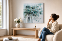 Maľovaný obraz na stenu KVETY VO VÁZE 70x70 cm – ručne maľovaný obraz v elegantnom interiéri (Scandi cream) | wall mockup | premium canvas | Papilora.sk