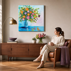 Maľovaný obraz na stenu KVETY VO VÁZE – ručne maľovaný obraz v elegantnom interiéri (Mid-century warm) | wall mockup | premium canvas | Papilora.sk