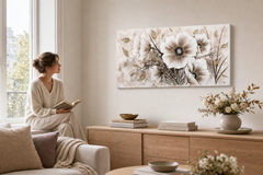 Maľovaný obraz na stenu KVETY – ručne maľovaný obraz v elegantnom interiéri (Window reading) | wall mockup | premium canvas | Papilora.sk