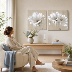 Maľovaný obraz na stenu KVETY – ručne maľovaný obraz v elegantnom interiéri (Scandi neutral) | wall mockup | premium canvas | Papilora.sk