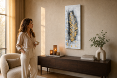 Maľovaný obraz na stenu LIST 40x120 cm – ručne maľovaný obraz v elegantnom interiéri (Golden hour luxe) | wall mockup | premium canvas | Papilora.sk