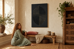Maľovaný obraz na stenu LIST 60x90 cm – ručne maľovaný obraz v elegantnom interiéri (Bohemian warm) | wall mockup | premium canvas | Papilora.sk