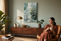 Maľovaný obraz na stenu LISTY 60x90 cm – ručne maľovaný obraz v elegantnom interiéri (Mid-century warm) | wall mockup | premium canvas | Papilora.sk