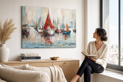 Maľovaný obraz na stenu LODE 70x50 cm – ručne maľovaný obraz v elegantnom interiéri (Window reading) | wall mockup | premium canvas | Papilora.sk