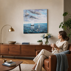 Maľovaný obraz na stenu LODE  70x70 cm – ručne maľovaný obraz v elegantnom interiéri (Mid-century warm) | wall mockup | premium canvas | Papilora.sk