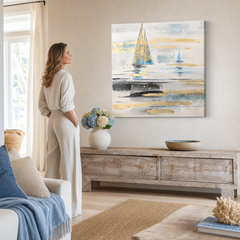 Maľovaný obraz na stenu LODE 80x80 cm – ručne maľovaný obraz v elegantnom interiéri (Modern coastal) | wall mockup | premium canvas | Papilora.sk