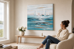 Maľovaný obraz na stenu LOĎKY 90x60 cm – ručne maľovaný obraz v elegantnom interiéri (Scandi cream) | wall mockup | premium canvas | Papilora.sk