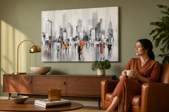 Maľovaný obraz na stenu ĽUDIA 120x80 cm – ručne maľovaný obraz v elegantnom interiéri (Mid-century warm) | wall mockup | premium canvas | Papilora.sk