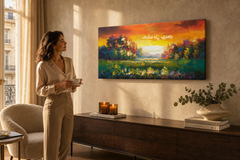 Maľovaný obraz na stenu LÚKA 100x50 cm – ručne maľovaný obraz v elegantnom interiéri (Golden hour luxe) | wall mockup | premium canvas | Papilora.sk